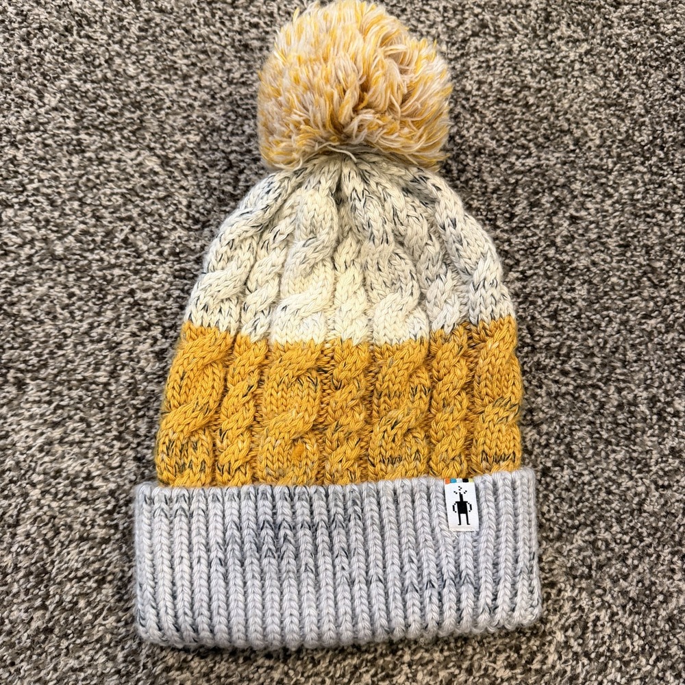Smartwool Multicolor Pattered Pom Pom Beanie Hat Merino Wool Blend Yellow